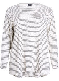 Stripet jerseybluse med bølgete kanter, Hvit Stripet jerseybluse med bølgete kanter