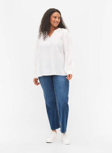 Langermet bluse med V-hals , Bright White, Model image number 2