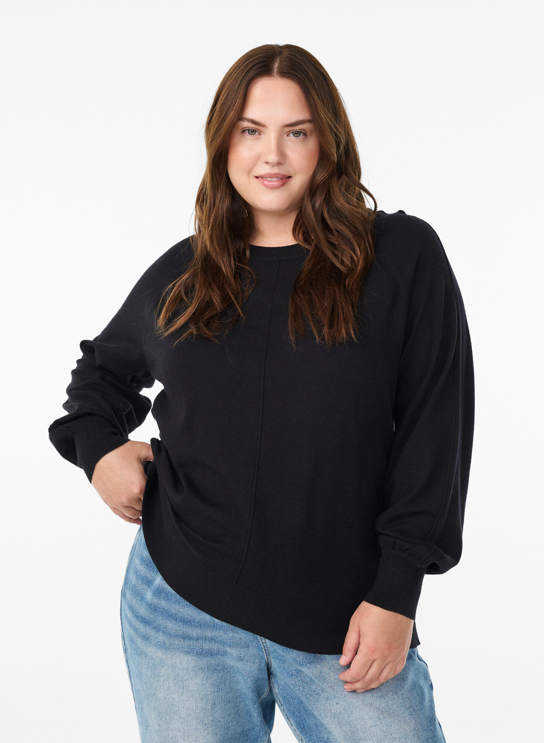 Zizzi Strikket bluse med midts&oslash;m og raglanermer, Svart, Model image number 0