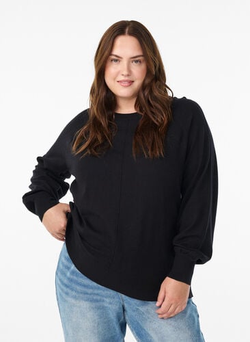 Zizzi Strikket bluse med midtsøm og raglanermer, Svart, Model image number 0