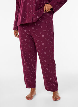 Zizzi Bomullspyjamasbukser med høy midje, Mørk Bordeaux, Model image number 2