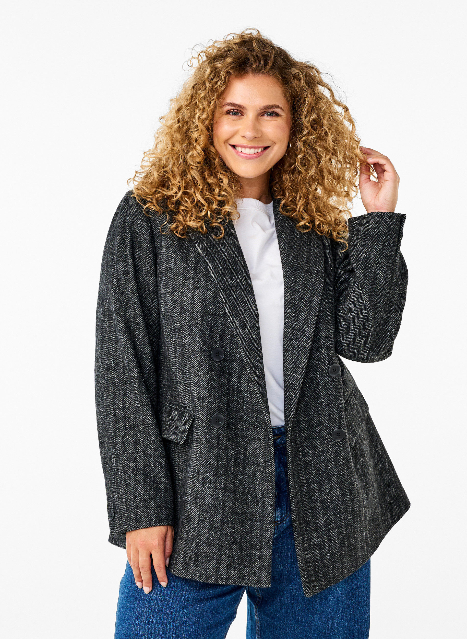 Zizzi Blazer i ullblanding med lommer, Dark Grey Melange, Model image number 0