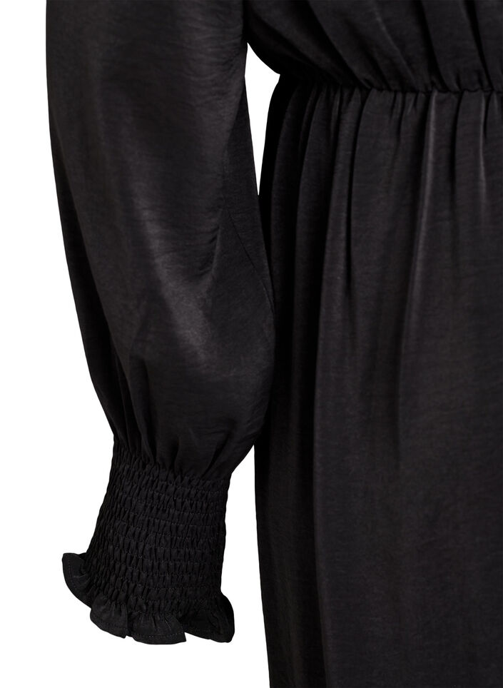 Midikjole med omslagslook og smock-ermer, Svart, Packshot image number 3