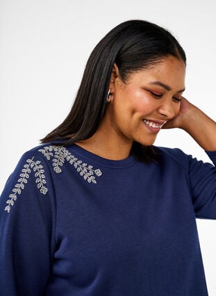 Zizzi Kort genser med perledetaljer, Blå, Model image number 3