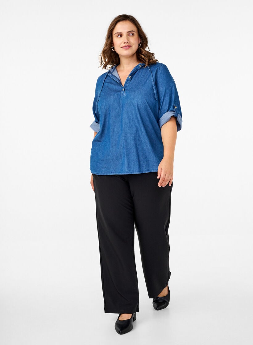 Denimbluse med hette, Medium Blue Denim, Model image number 2