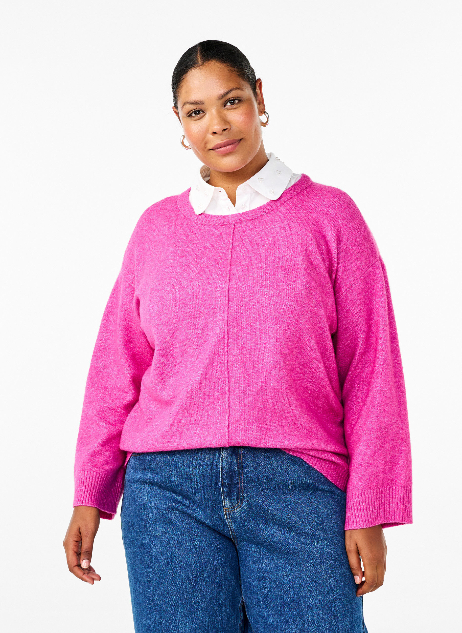 Zizzi Strikket bluse med rund hals og midts&oslash;m, Fuchsia Red Mel., Model image number 0