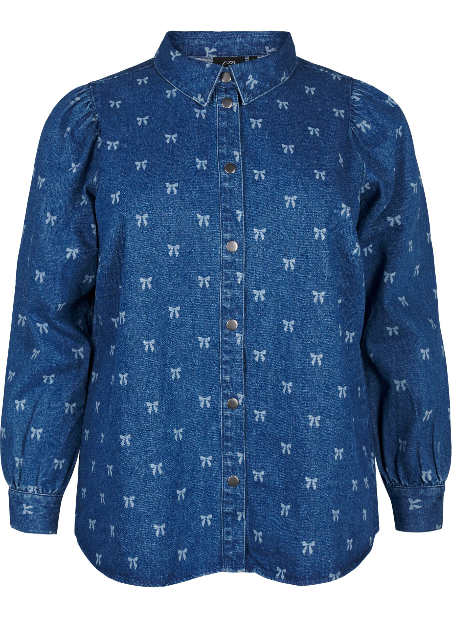 Zizzi Denimskjorte med hjerter, Denim Blue W. Wh.Bow, Packshot image number 0