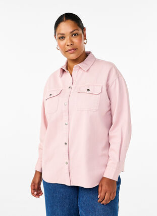 Zizzi Ensfarget dongeriskjorte med brystlommer, Pale Mauve, Model image number 0