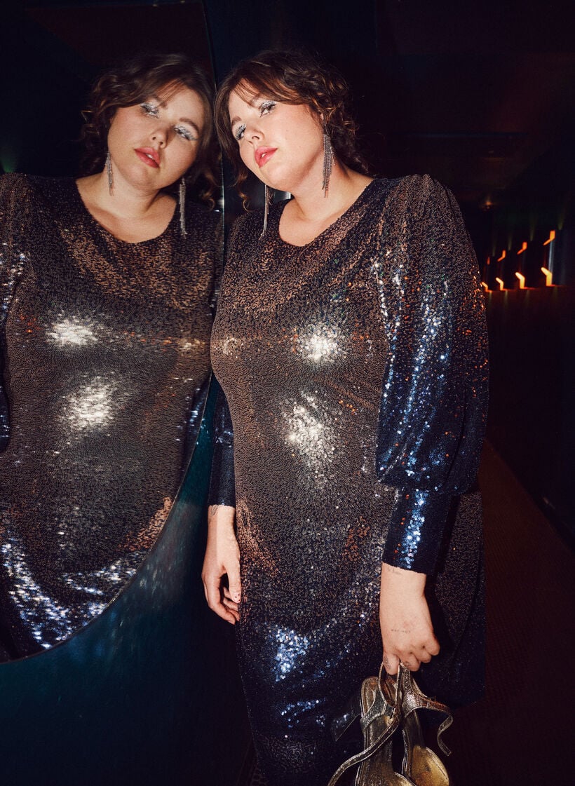 Paljettkjole med ballongermer, Evening Blue Cobber, Image image number 0