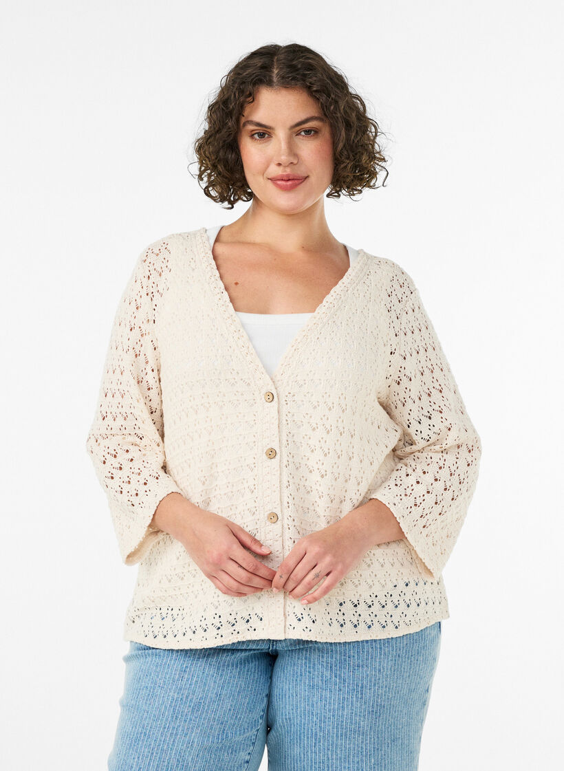 Strikket cardigan med hullbroderi og V-hals, Beige, Model image number 0