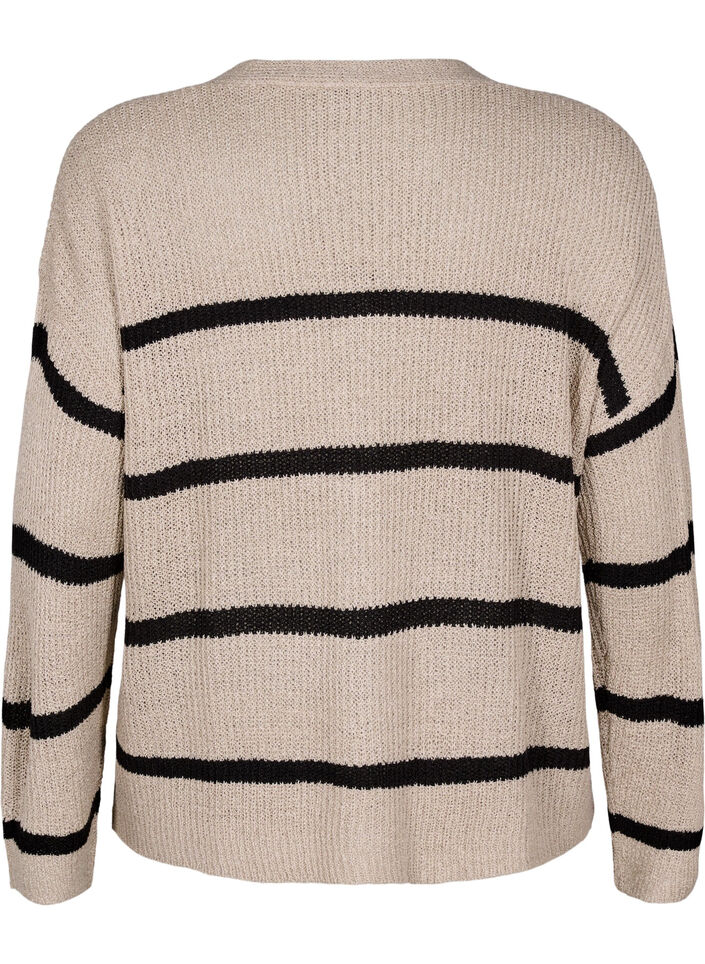 FLASH - Strikket cardigan med striper og knapper, Natural w. Black, Packshot
