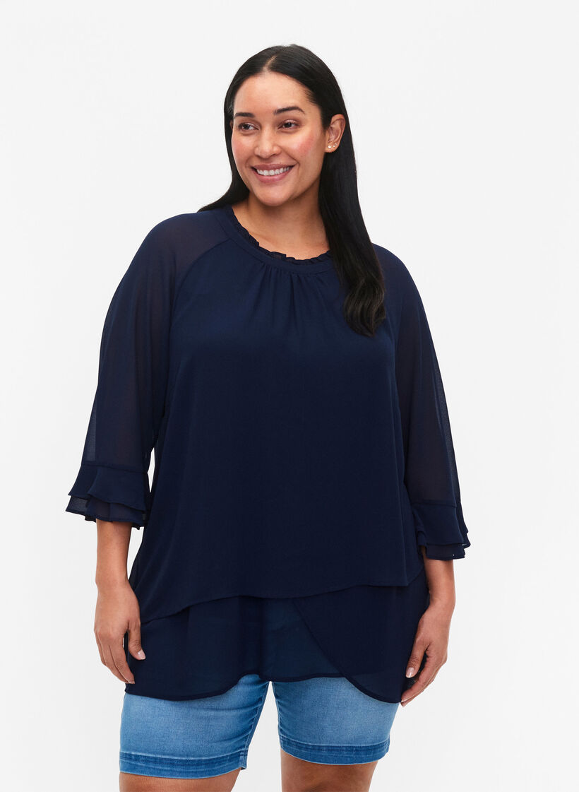 Bluse med asymmetrisk kant og 3/4-ermer, Navy Blazer, Model image number 0