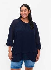 Bluse med asymmetrisk kant og 3/4-ermer, Navy Blazer, Model