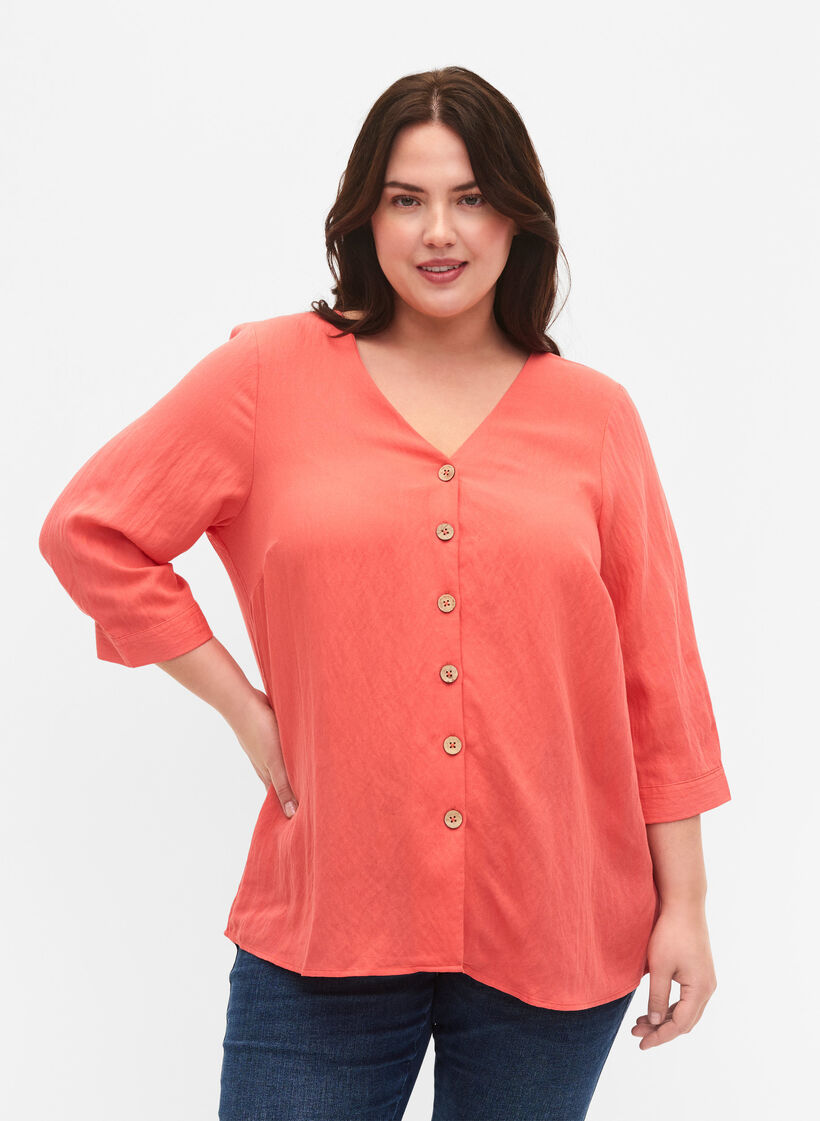 Bluse i viskose med knapper og V-hals, Deep Sea Coral, Model image number 0