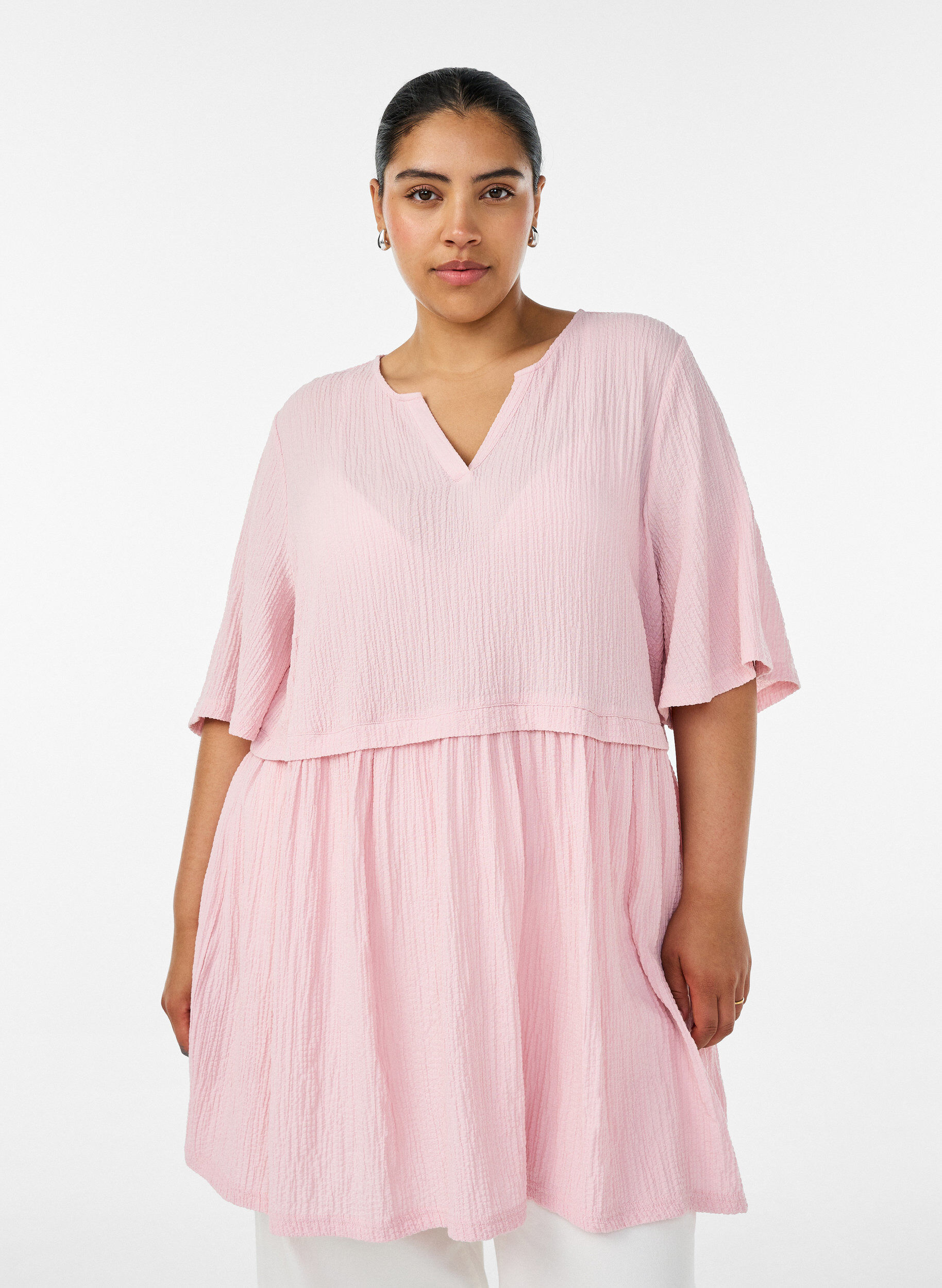 ZizziTunika med kr&oslash;llete tekstur og 1/2 ermer, Rosa, Model image number 0