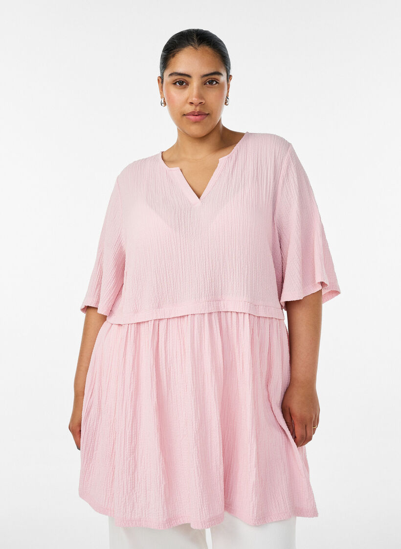 Tunika med kr&oslash;llete tekstur og 1/2 ermer, Rosa, Model image number 0