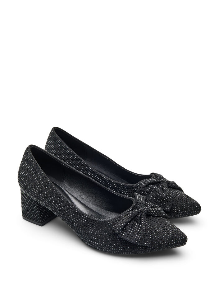 Wide fit - Pumps med sløyfe og rhinesteiner, Black, Packshot