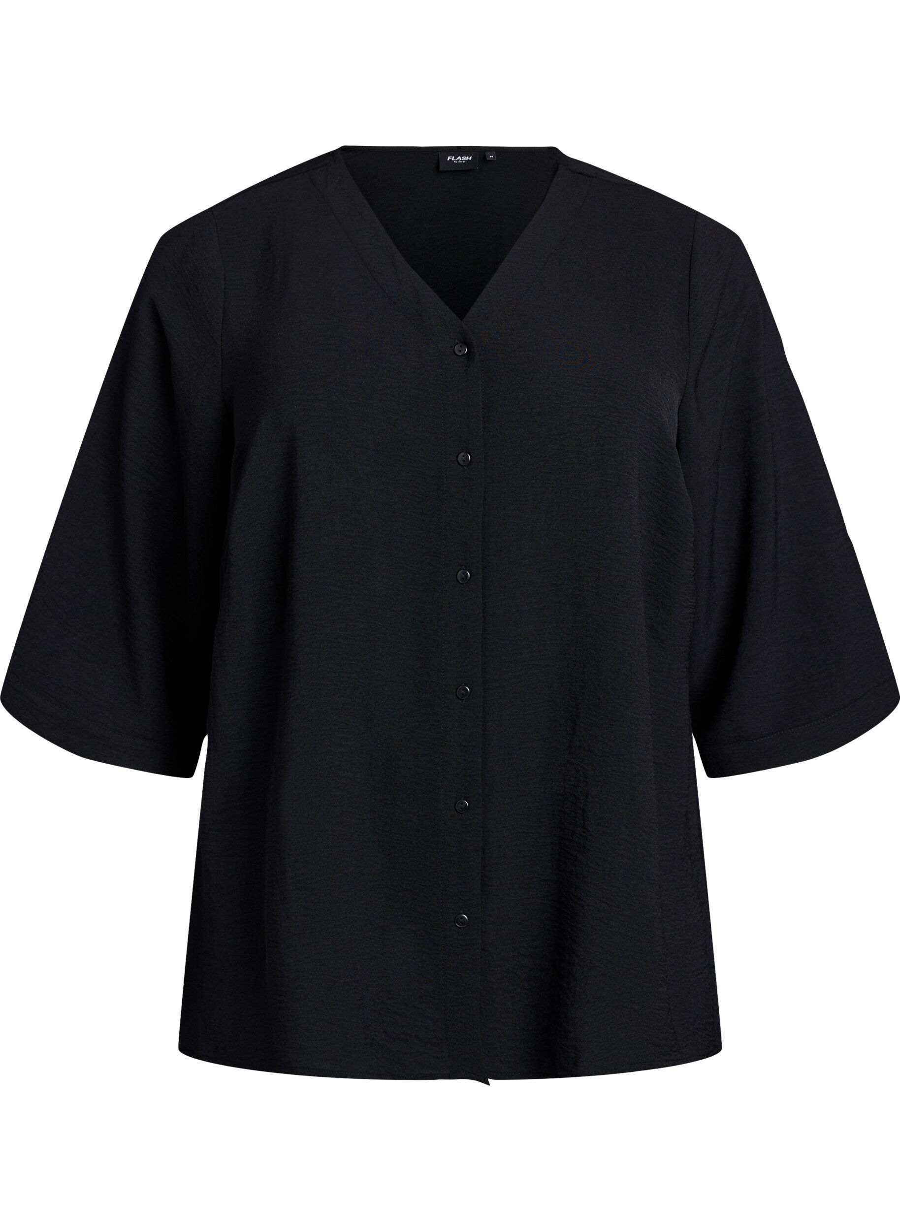 ZizziSkjortebluse med v-hals og 3/4 ermer, Svart, Packshot image number 0