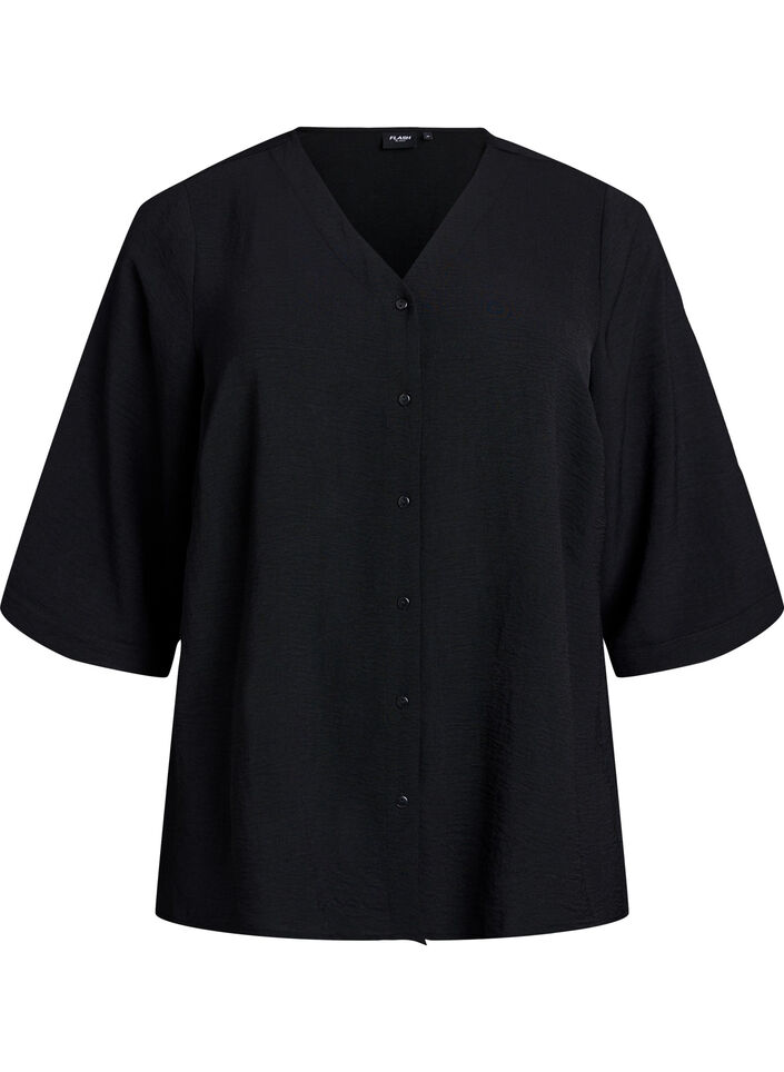 Skjortebluse med v-hals og 3/4 ermer, Svart, Packshot image number 0
