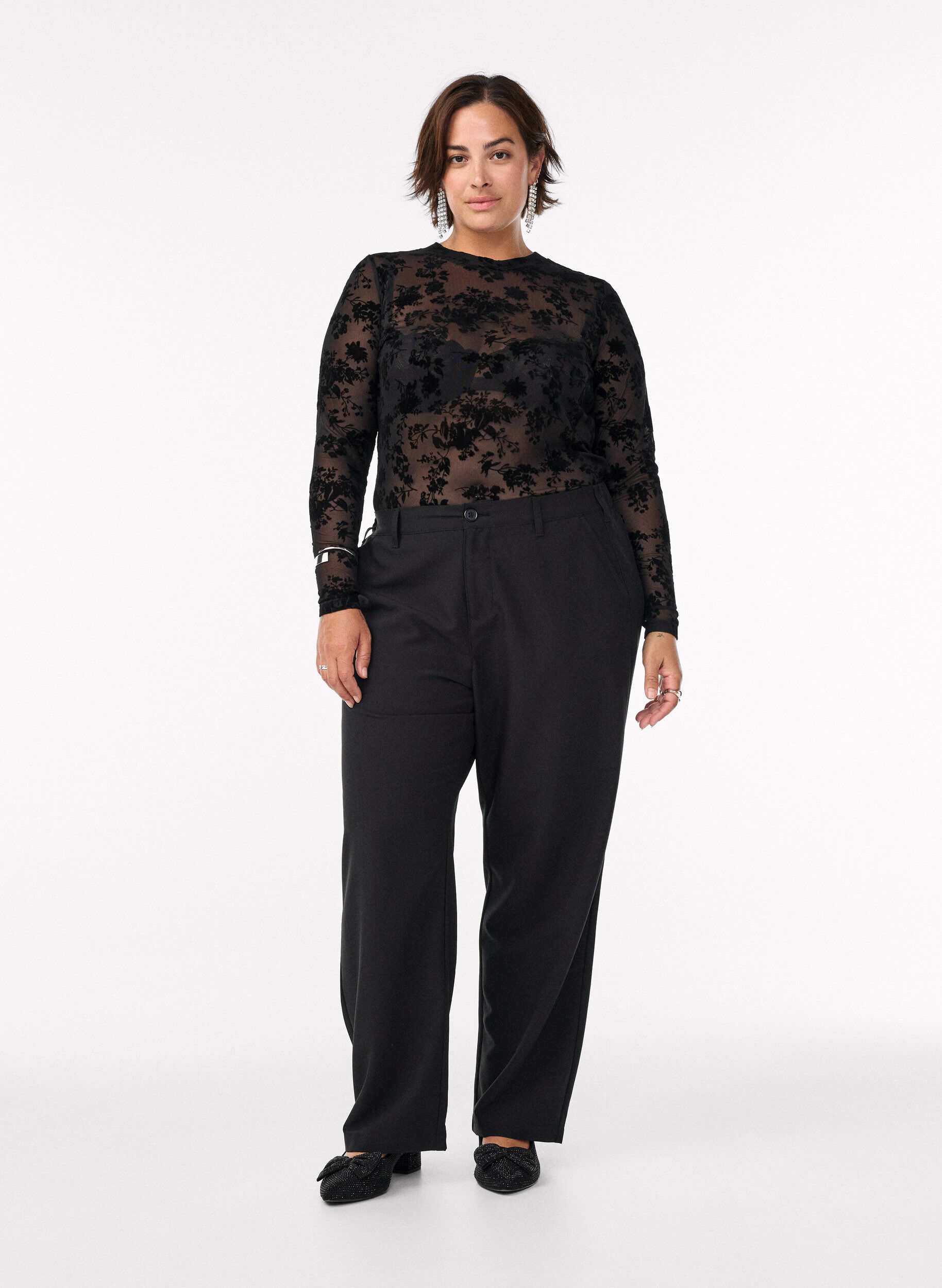 ZizziBluse i mesh med blomstertrykk, Svart, Model image number 1