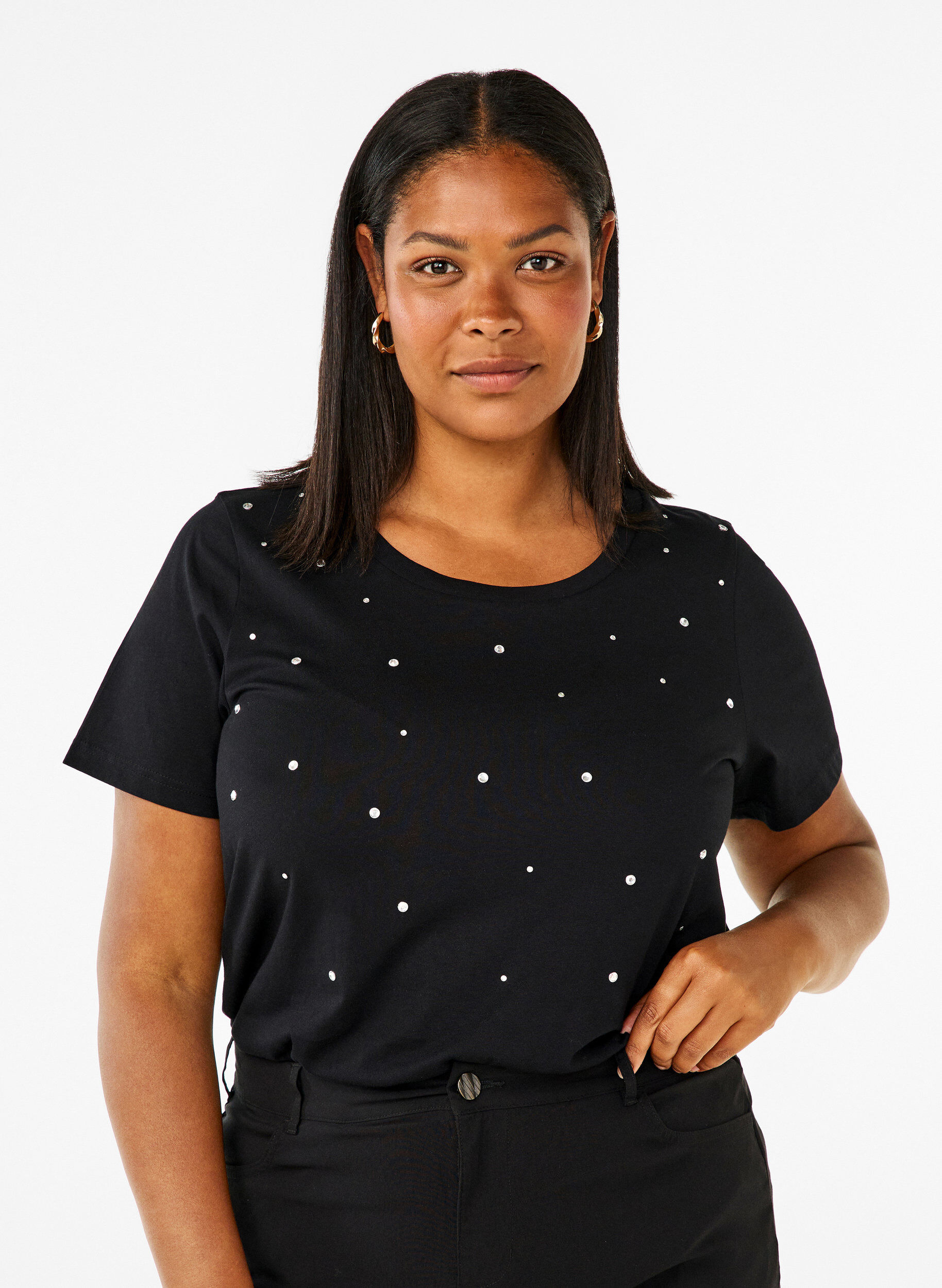 Zizzi T-skjorte i bomull med rhinestones, Black, Model image number 0