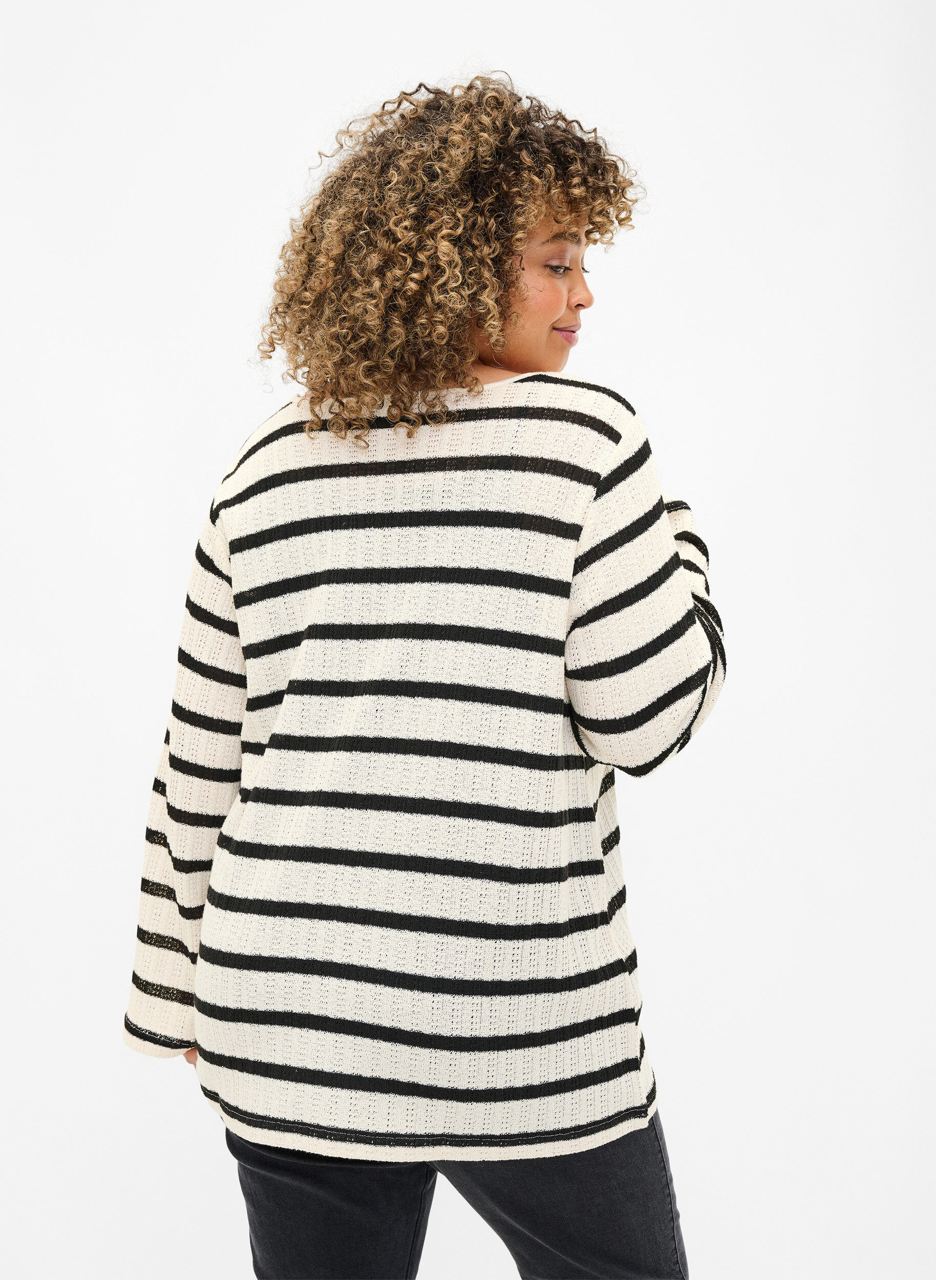 Zizzi Stripete cardigan med knytestrikk, Sand Black Stripe, Model image number 1