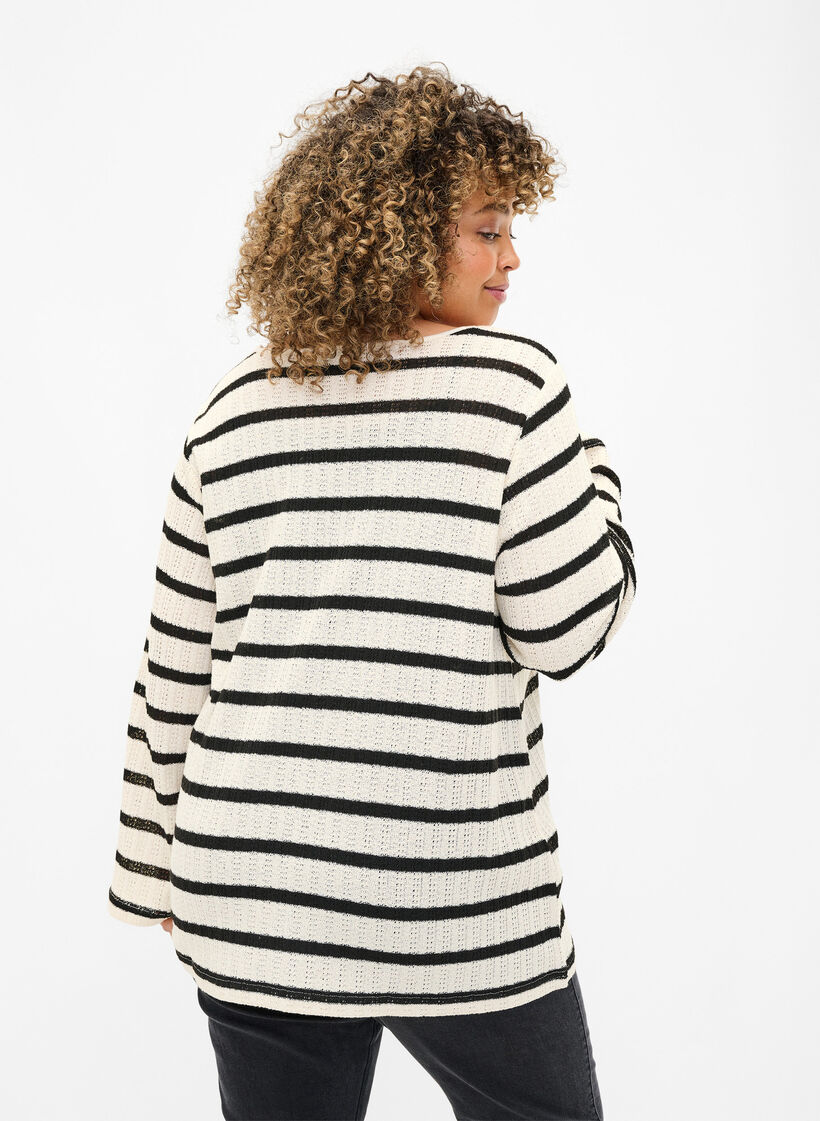 Stripete cardigan med knytestrikk, Sand Black Stripe, Model image number 1