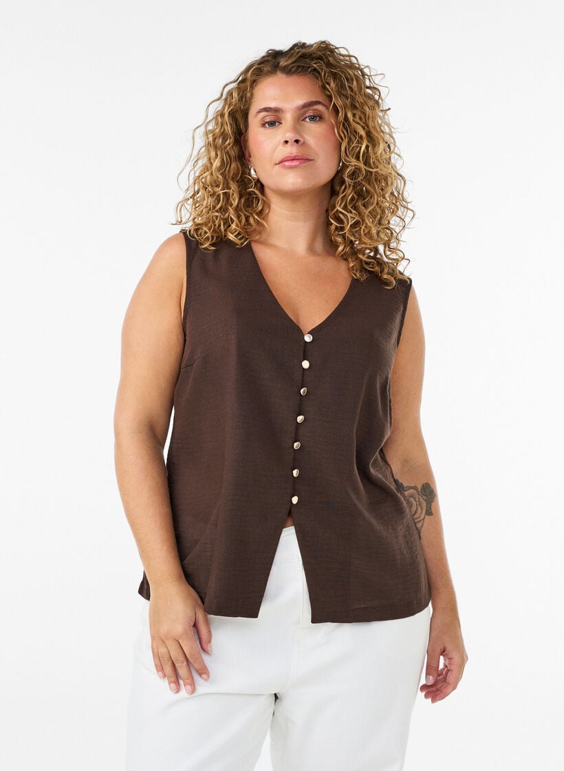 Ermel&oslash;s vest med V-hals og knapper, Brun, Model image number 0