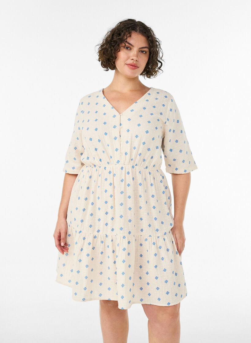 Trykt bomullskjole med elastisk midje, Beige, Model image number 0