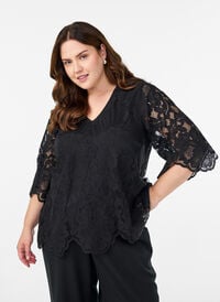Bluse med blonder, V-hals og 1/2 ermer, Svart Bluse med blonder, V-hals og 1/2 ermer, Svart, Model