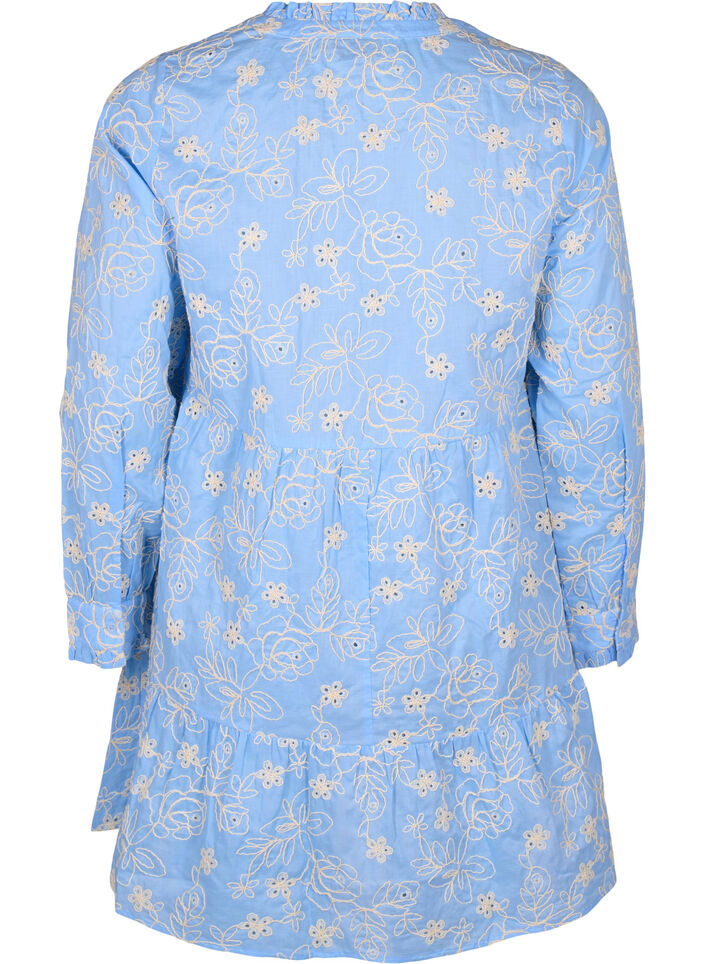 Kjole med broderte blomster og lange ermer, Della Robbia Blue, Packshot
