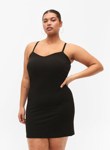 Kjole med stropper og ribb, Black, Model image number 0