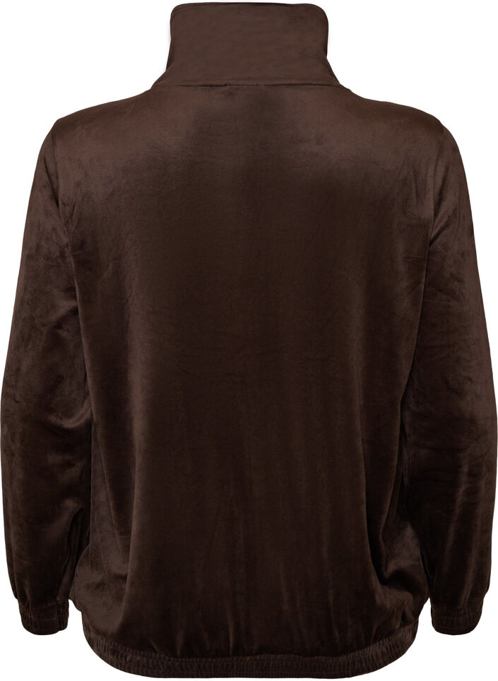 Myk velourcardigan med glidel&aring;s og h&oslash;y krage, Brun, Packshot image number 1