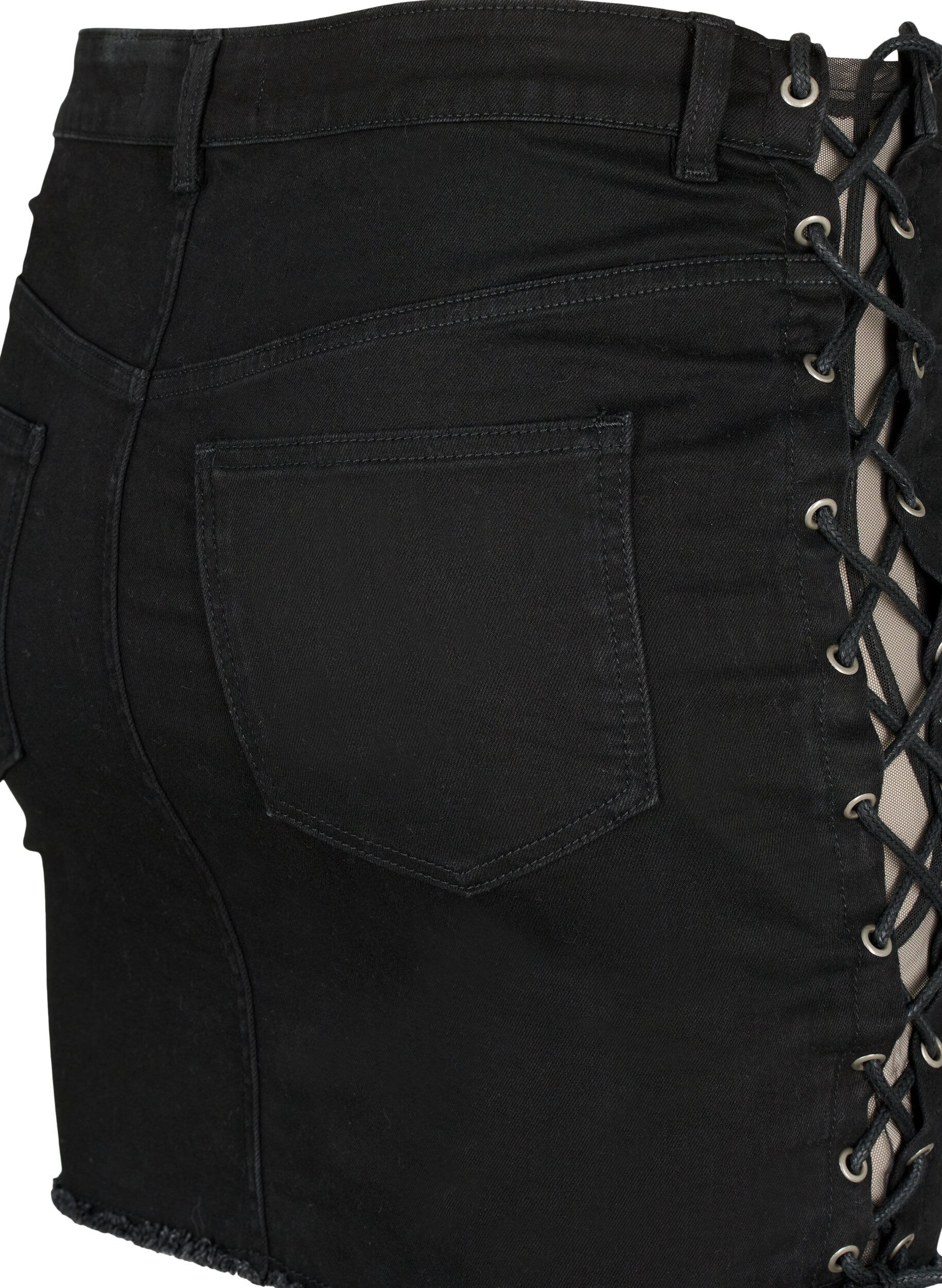 Zizzi Kort denimskj&oslash;rt med sn&oslash;redetaljer, Black, Packshot image number 3