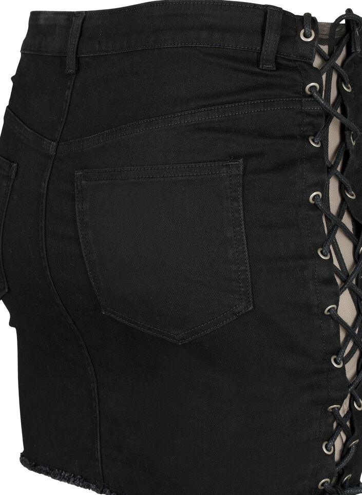 Kort denimskjørt med snøredetaljer, Black, Packshot image number 3