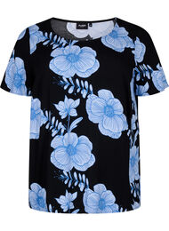 FLASH - Kortermet bluse i viskose med trykk, Black Big Bl.Flower