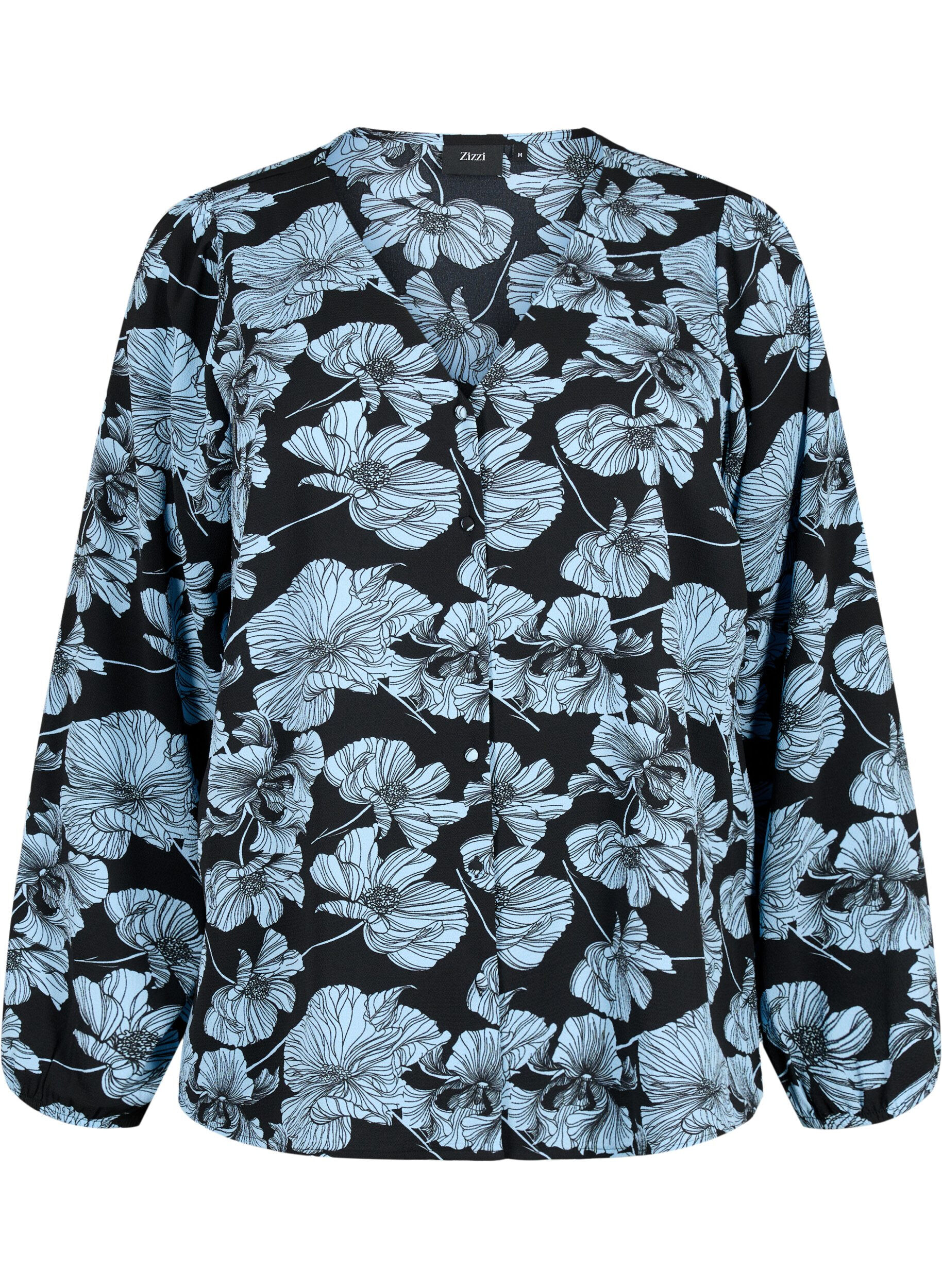 Zizzi Skjortebluse med v-hals og trykk, Black B. Flower AOP, Packshot image number 0