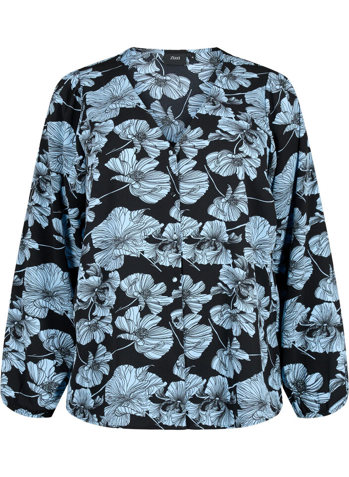 Skjortebluse med v-hals og trykk, Black B. Flower AOP, Packshot image number 0
