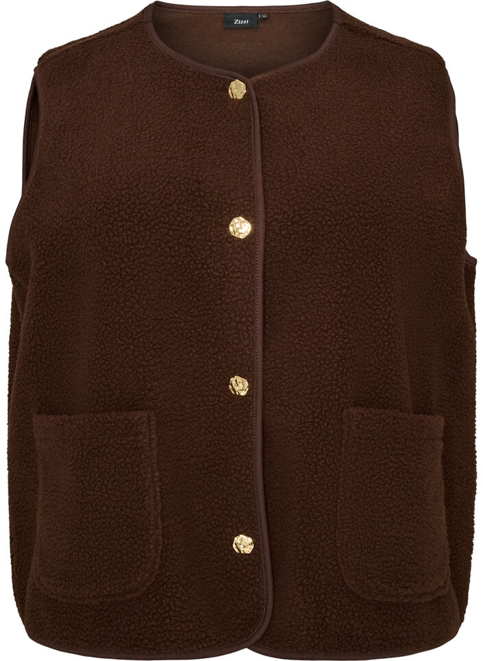 Teddy vest med knapper og lommer, Brun, Packshot image number 0