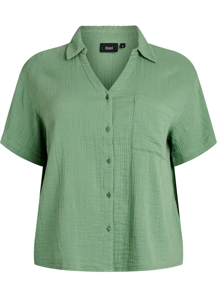 Bluse i bomullsmusselin med korte ermer, Gr&oslash;nn, Packshot image number 0