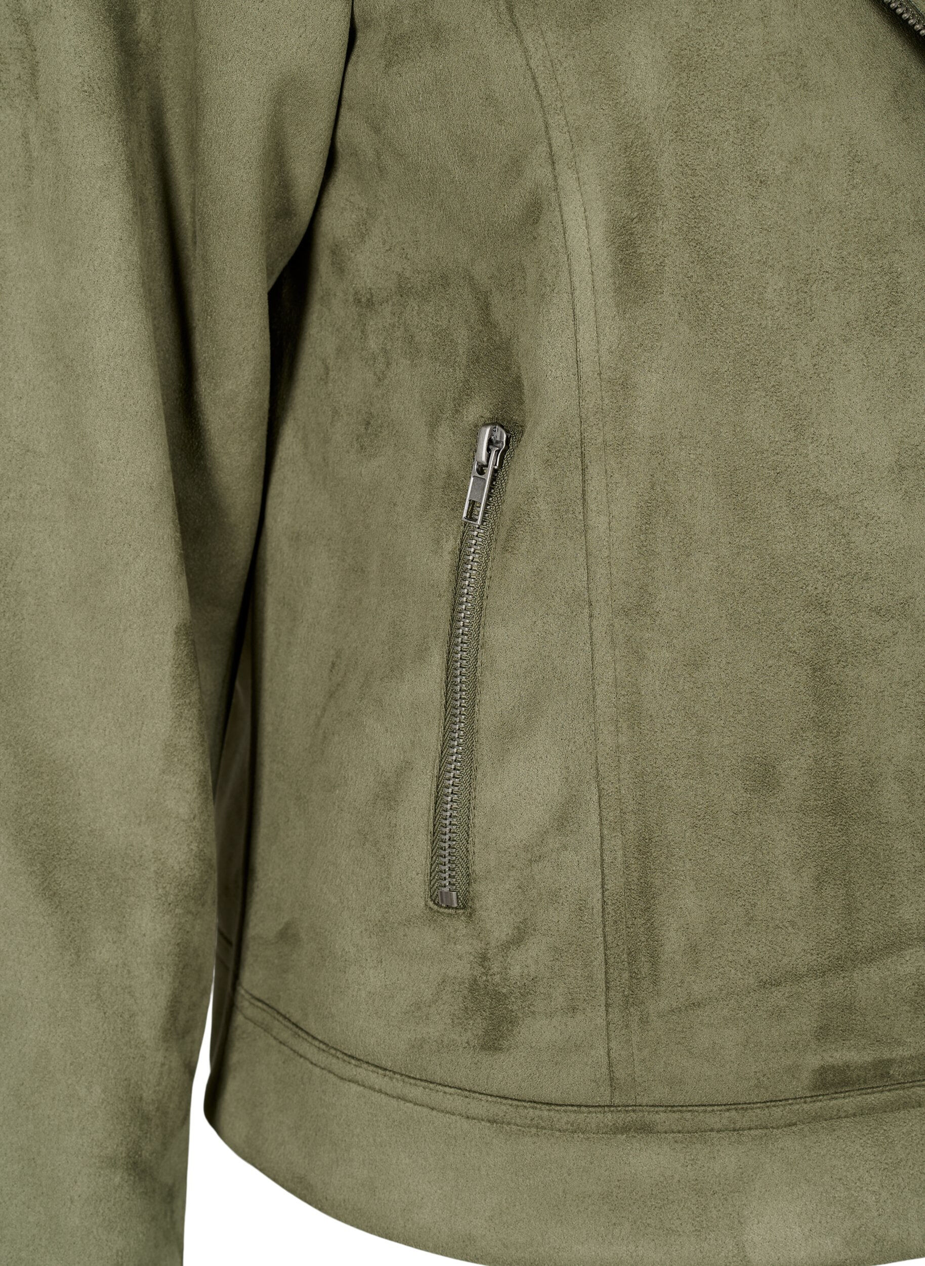 ZizziBikerjakke i imitert semsket skinn, Dusty Olive, Packshot image number 3