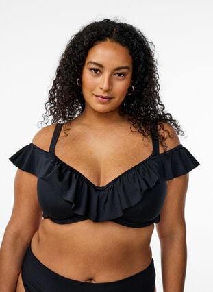 Zizzi Bikinitopp med volanger og bøyle, Svart, Model image number 0