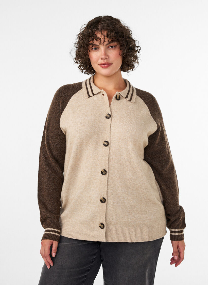 Cardigan med kontrasterende ermer og krage, Beige, Model image number 0
