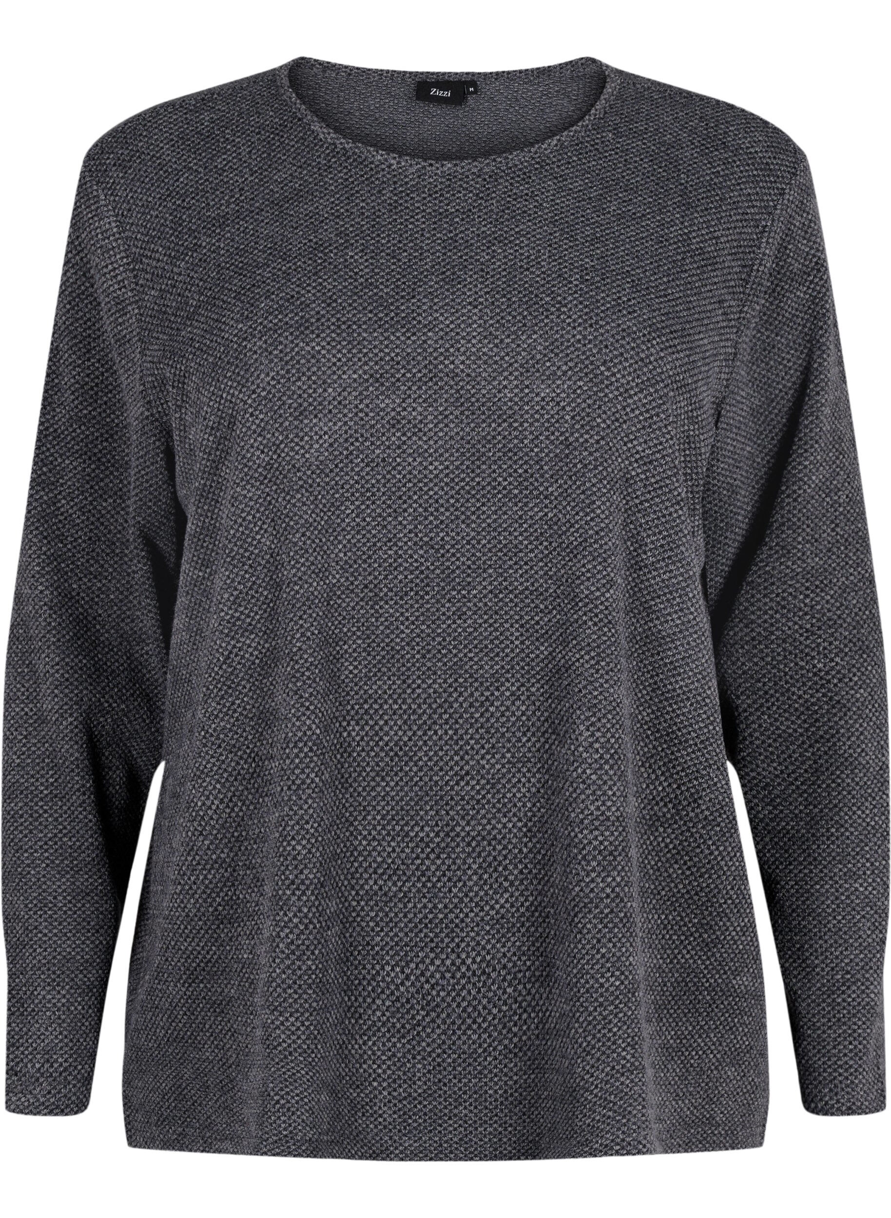 Zizzi Melange Bluse med rund hals og lange ermer, Dark Grey, Packshot image number 0