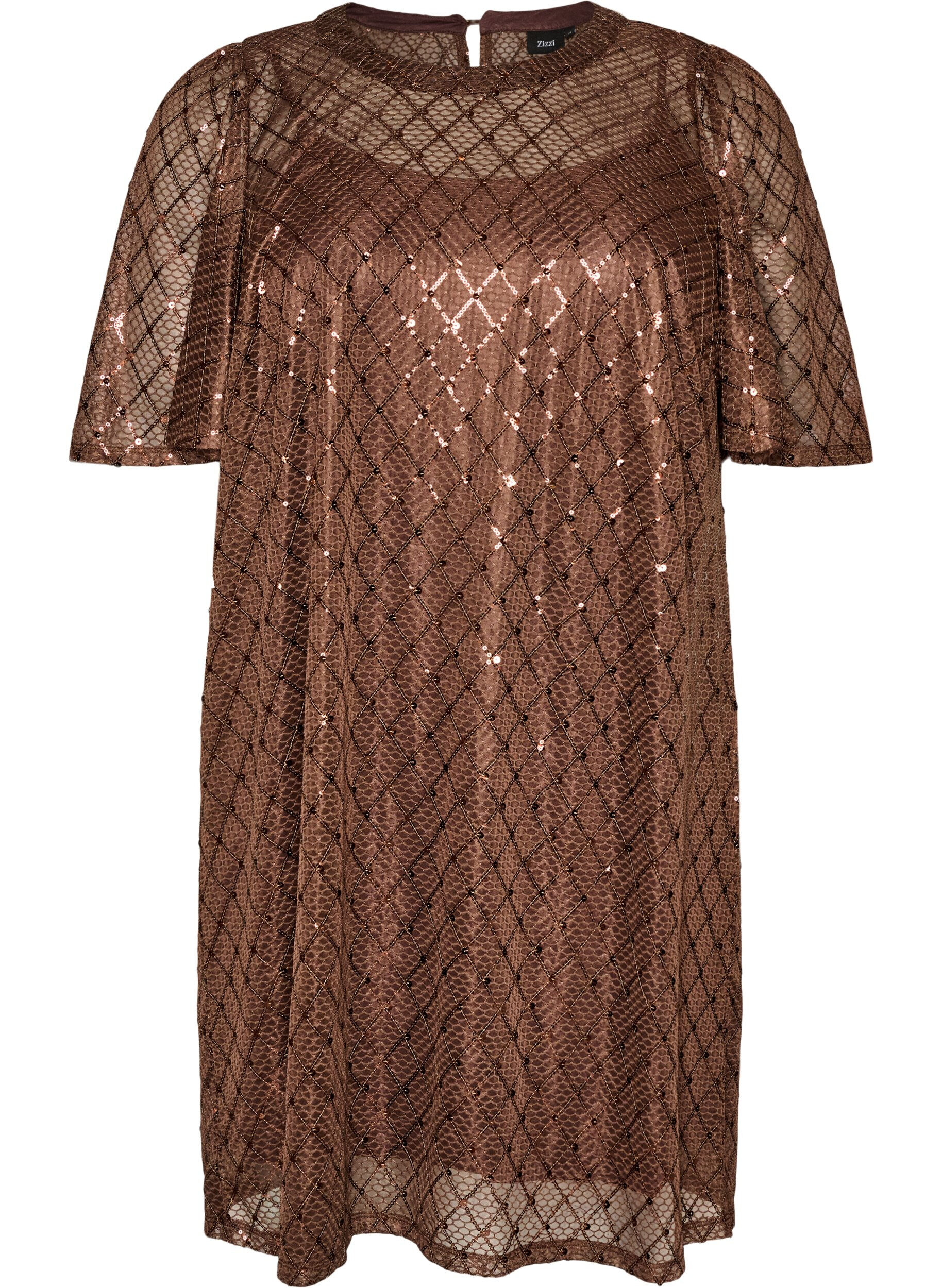 ZizziKort paljettkjole med diamantm&oslash;nster, Brun, Packshot image number 0