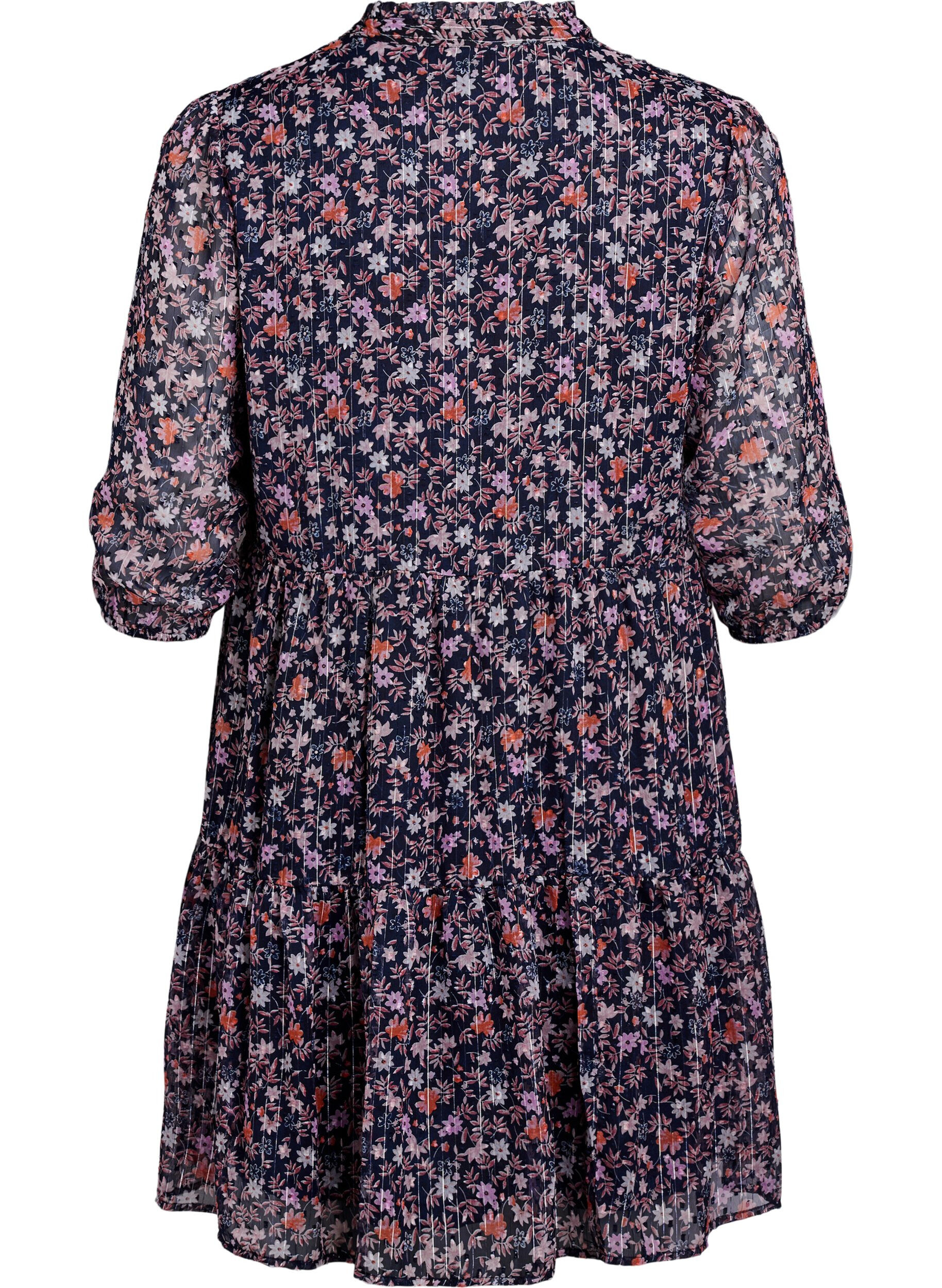 ZizziTunika med blomsterm&oslash;nster og glittertr&aring;der, Bl&aring;, Packshot image number 1