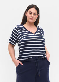 Stripete T-skjorte i bomull med V-hals, Navy B White Stripe, Model