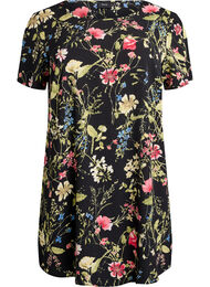 Kjole med trykk og korte ermer, Black w. Wild flower