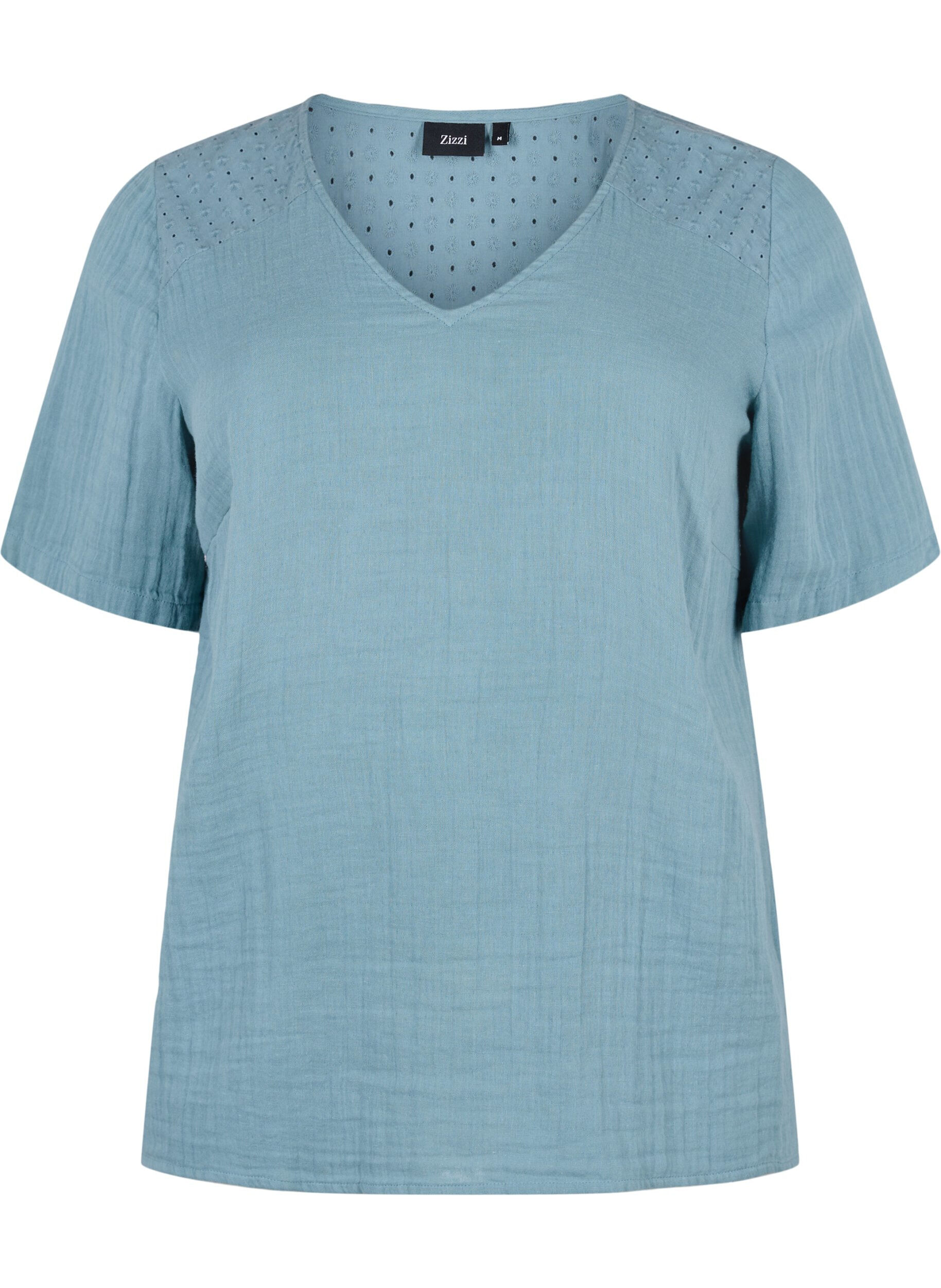 Zizzi Bluse i bomull med broderi og korte ermer, Smoke Blue, Packshot image number 0