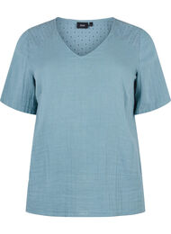 Bluse i bomull med broderi og korte ermer, Smoke Blue